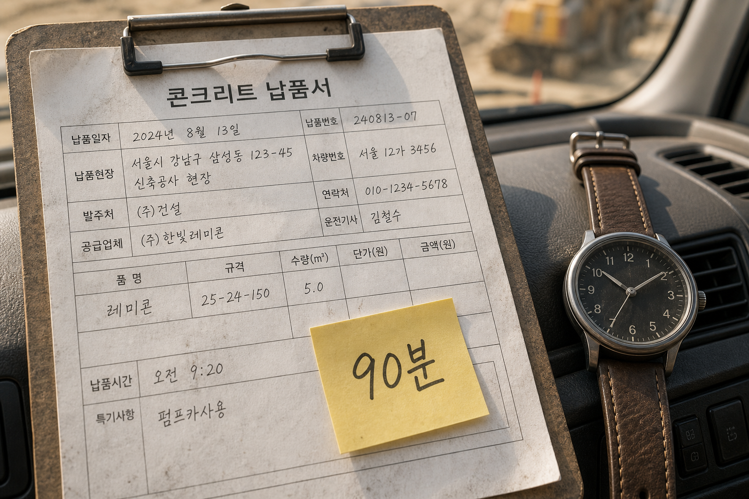 여름철 90분 운반 시간 규정을 보여주는 레미콘 송장과 시계