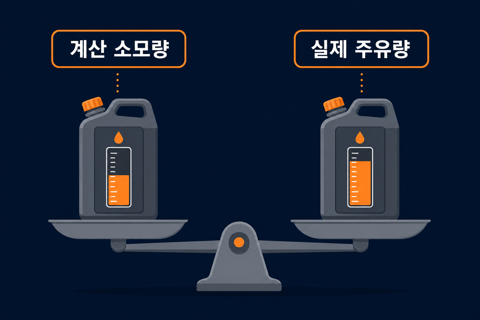 계산 소모량과 실제 주유량을 저울로 비교하는 유류 정산 개념 다이어그램