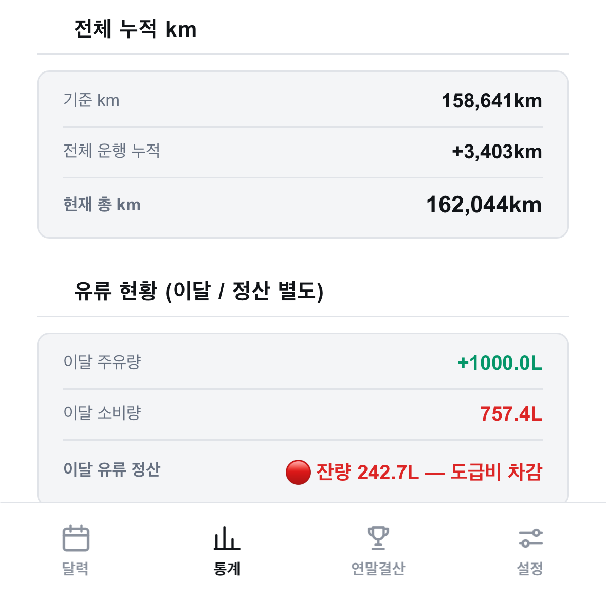 레미콘 운행일지 앱의 월말결산 화면 중 유류 정산 항목