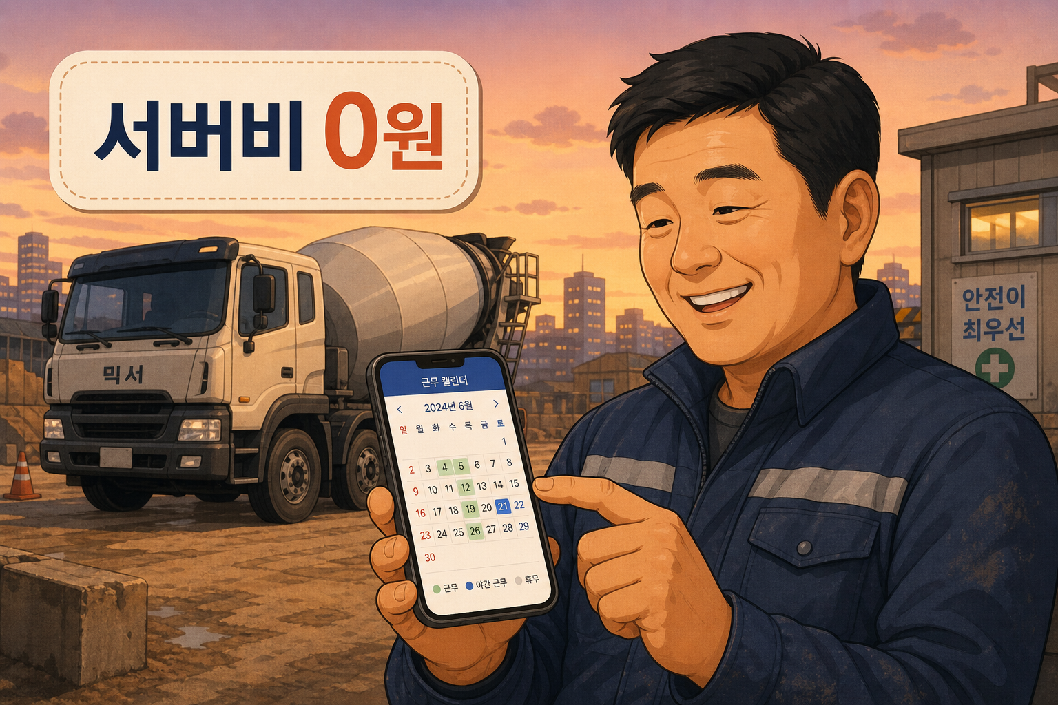 스마트폰으로 무료 배포된 웹앱을 확인하는 레미콘 기사 일러스트