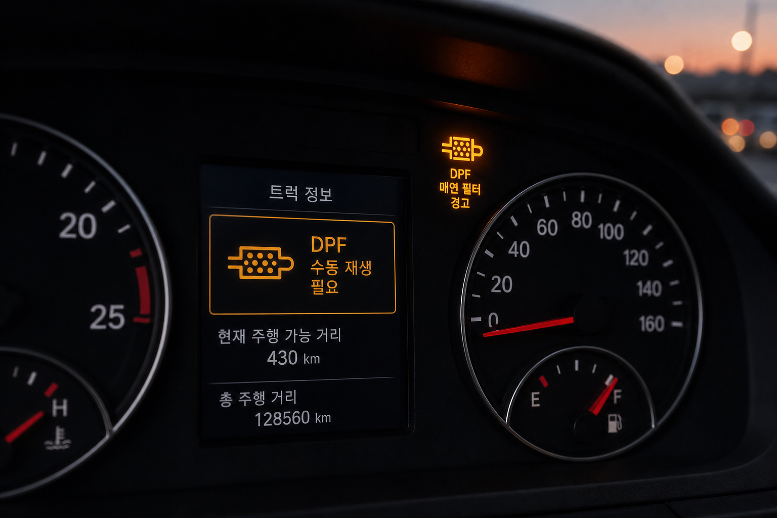 레미콘 계기판에 켜진 DPF 경고등