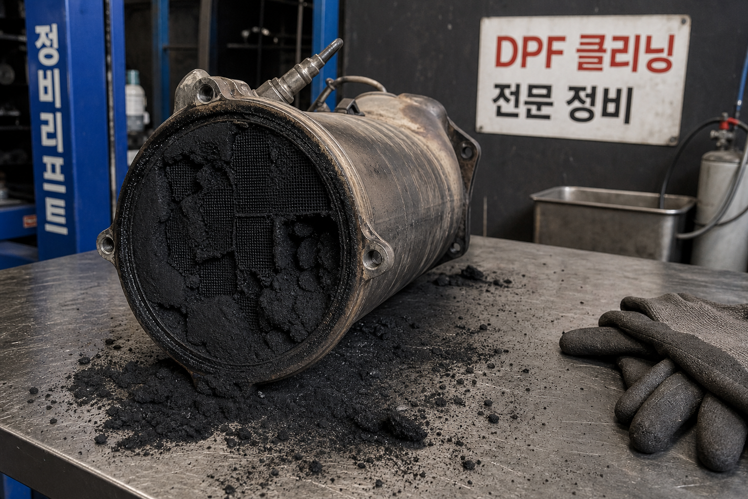 탈거된 DPF 필터와 정비 장면