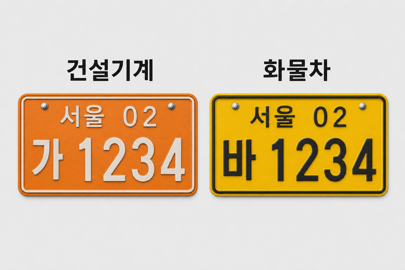 건설기계 주황색 번호판과 화물차 노란색 번호판 비교