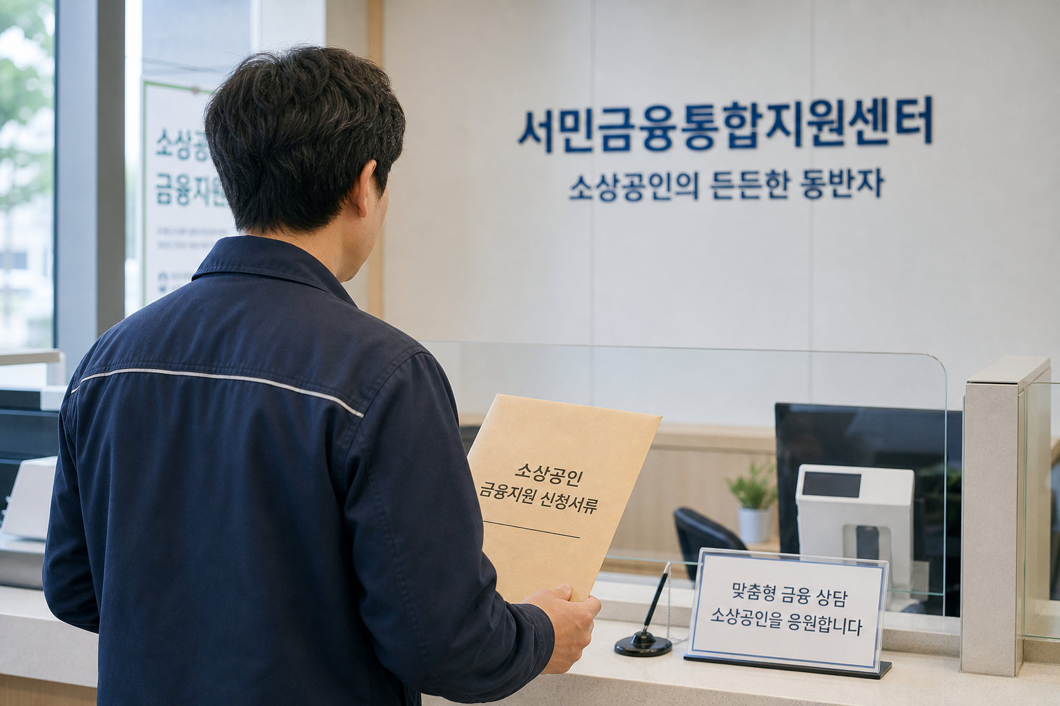 신용보증재단 창구에 서류를 들고 방문한 개인사업자