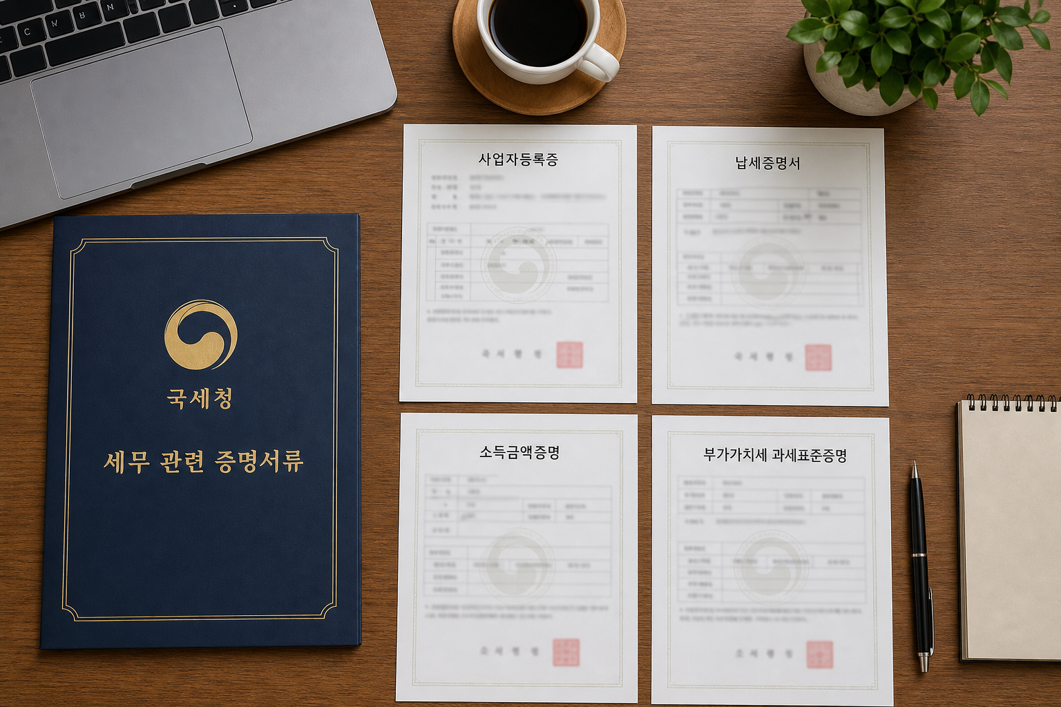 신용보증재단 신청용 서류를 책상에 정리한 모습